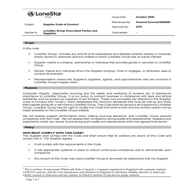 LoneStar Global Supplier Code of Conduct